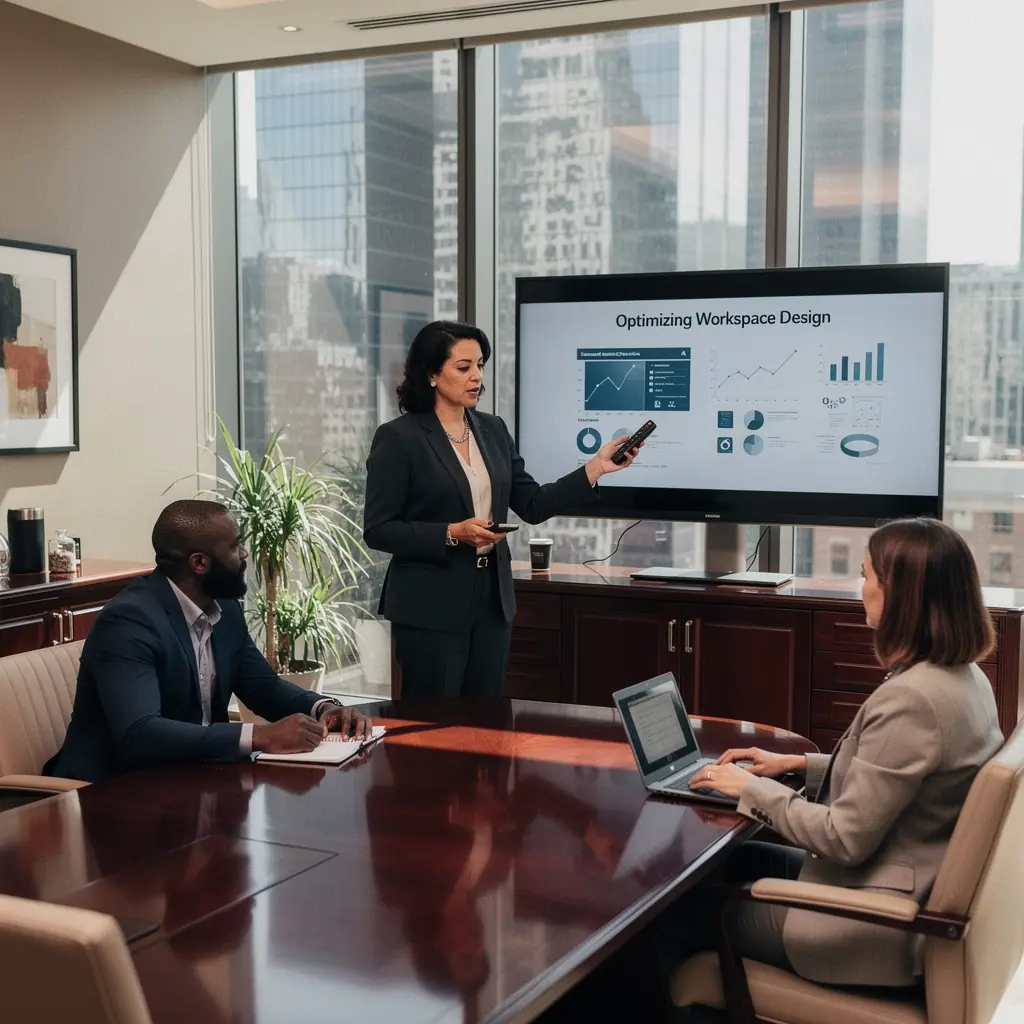 Просторная комната для переговоров с большим столом и комфортными стульями.