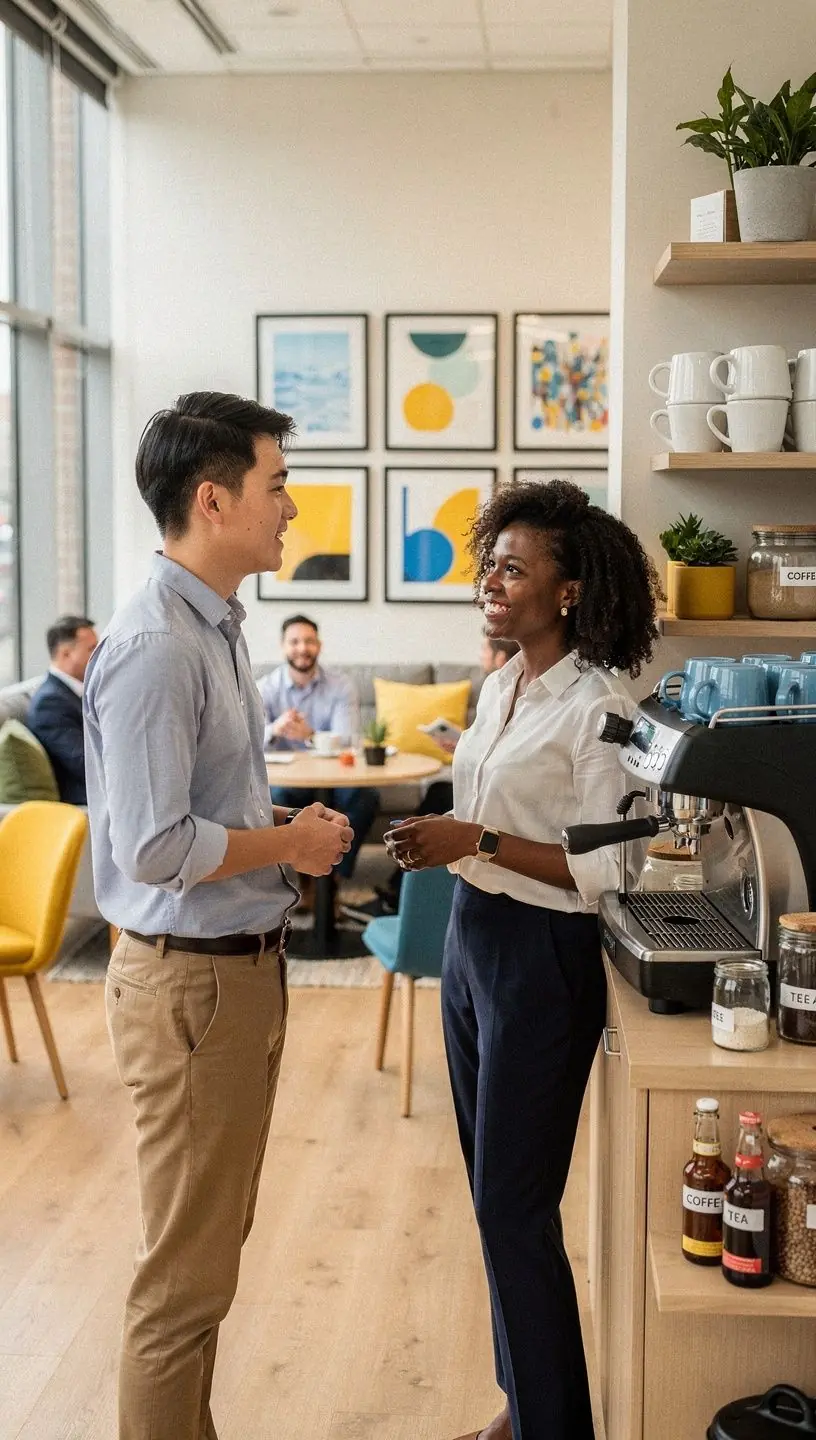 Уютный уголок для отдыха сотрудников с мягкой мебелью и зелеными растениями.