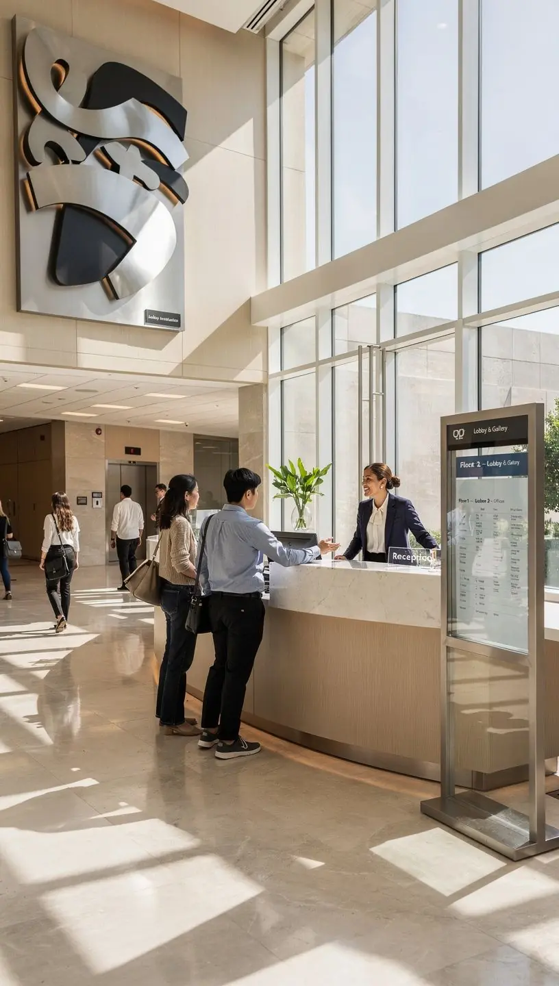 Приемная с информационными стендами и стильными элементами декора.