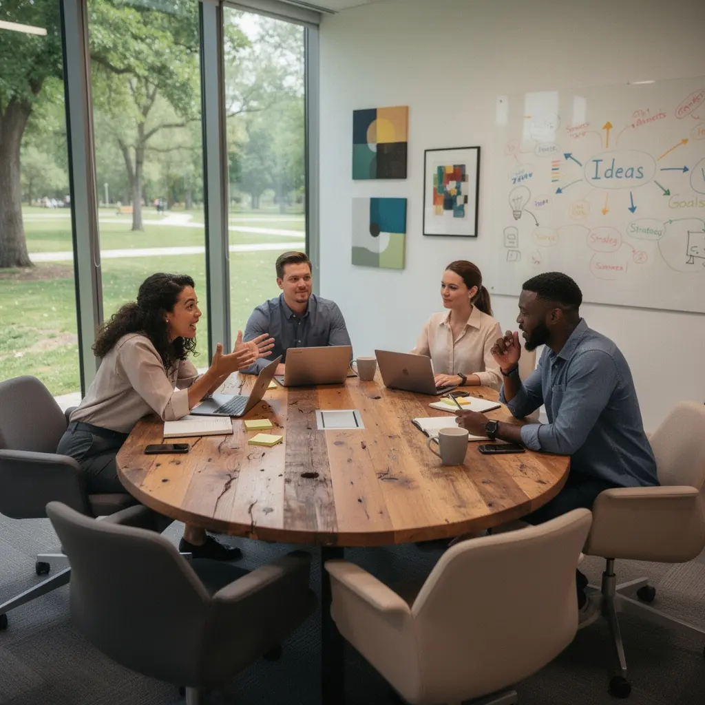 Яркое освещение и современные декоративные элементы в офисной зоне.