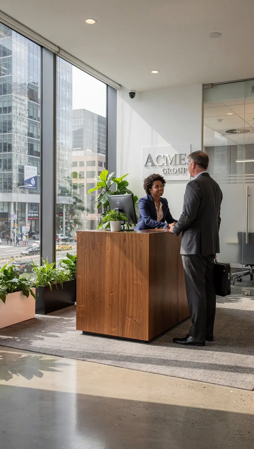 Минималистичный дизайн ресепшен с приветливым персоналом и информационными стойками.