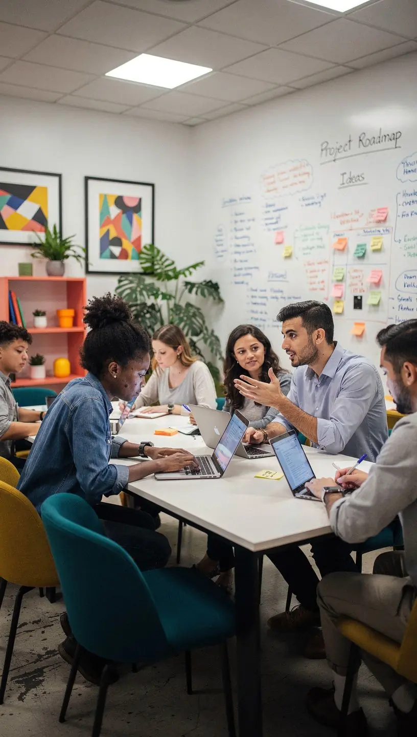 Уютная зона кофе-брейка с мягкой мебелью и зелеными растениями для отдыха.