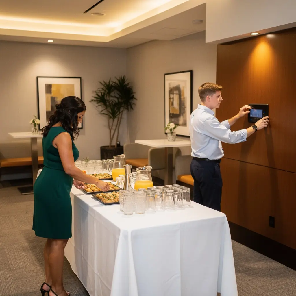 Современный офисный холл с уютной зоной ожидания и стильной мебелью.